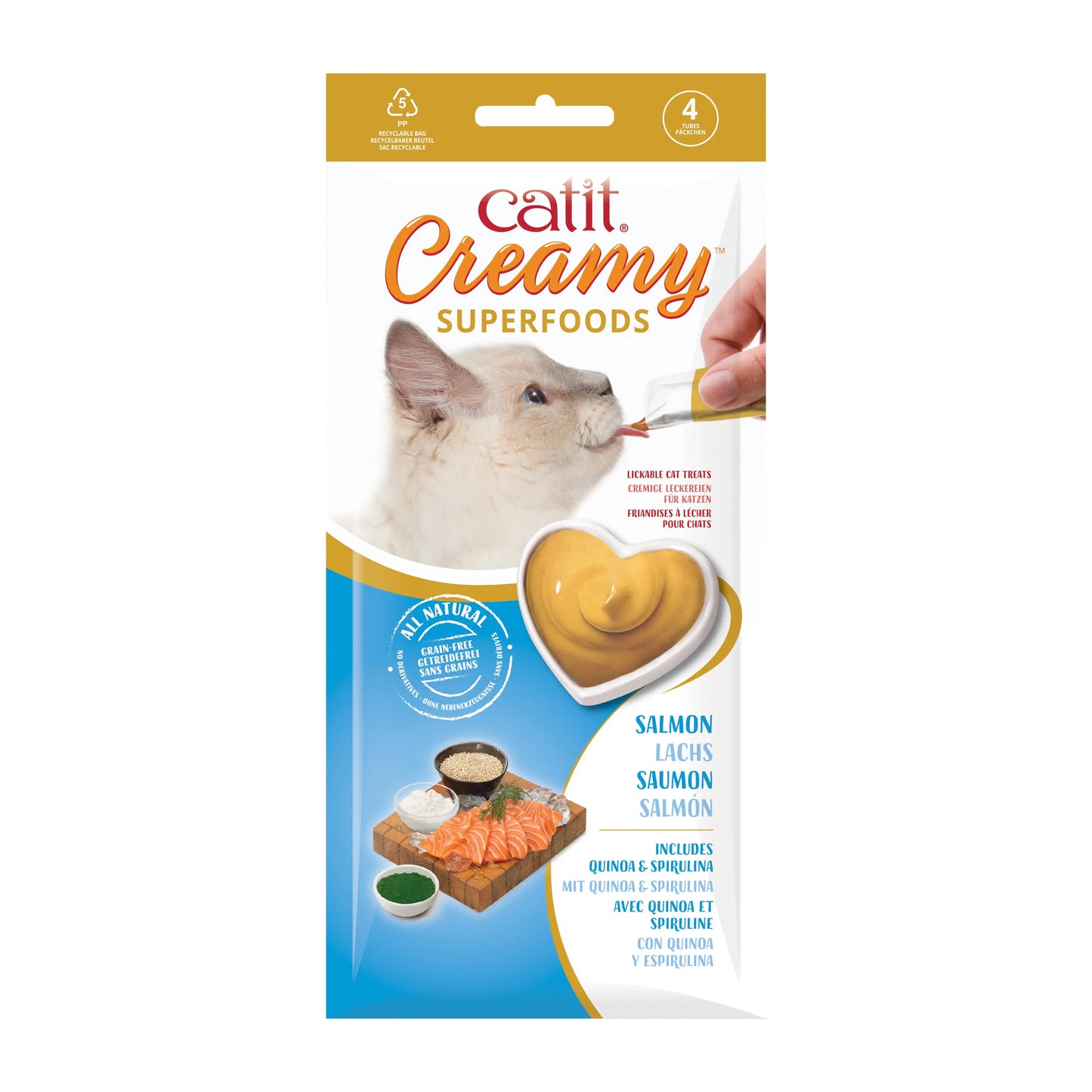 Catit Creamy Snack Superfood Salmón Con Quinoa Y Espirulina Pack 4X10G