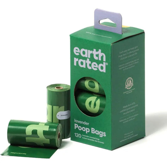 Bolsas Higiénicas con Asas para Recoger Excrementos de Perros. Ultra resistentes. Aroma a Lavanda. 120 unidades. Earth Rated.