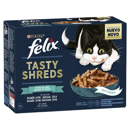 Felix Caja Tasty Shreds Selección de pescados - Salmón, atún, bacalao y lenguado - 12 uds