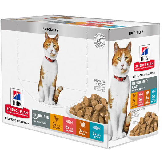 Hill'S Sp Feline Sterilised Pollo, Salmón, Pavo Y Trucha 85G Pack 12 Udes. Sobre